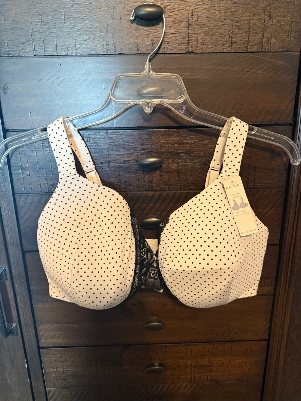 Cacique Cream and Black Polka Dot Underwire Bra with Lace Center by Lane Bryant